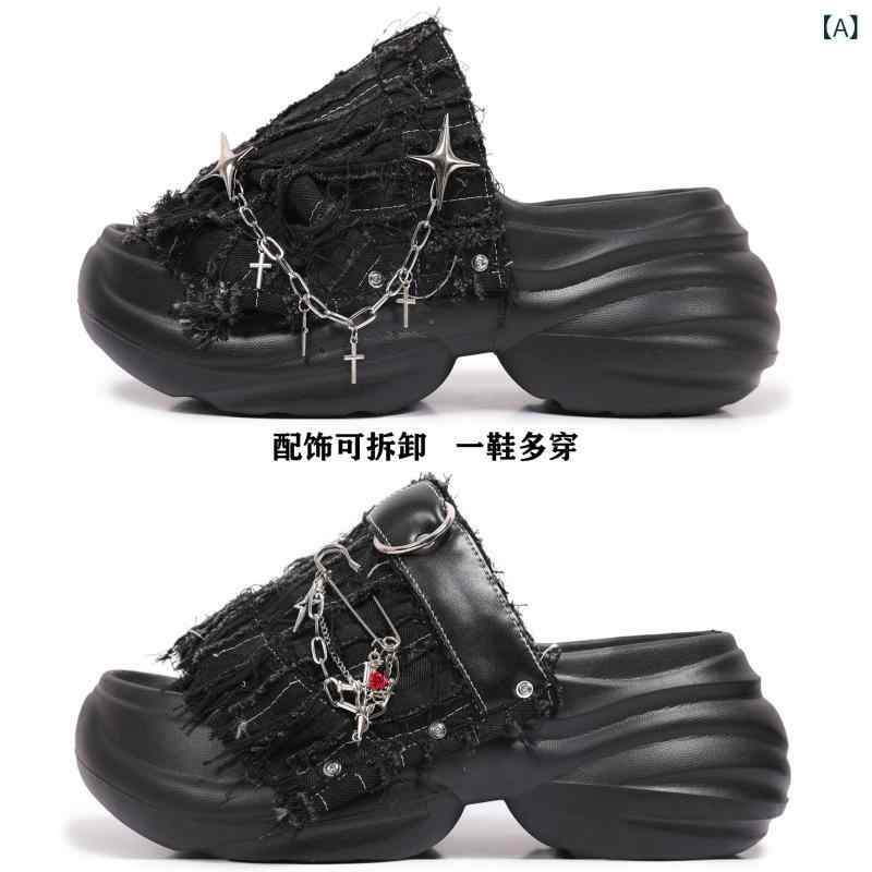 サンダル 女性用 厚底 デニム 素材 ルーズフィット ウェッジヒール ストラップ デ...