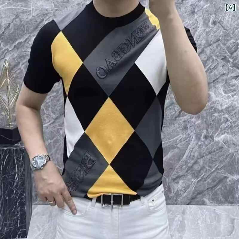 メンズ Tシャツ 短袖 夏季 薄手 丸首 ゆったり ポリエステル ストライプ チェック 幾何学柄 切り替え 透気性 吸湿速乾 防水 防汚 グレ..