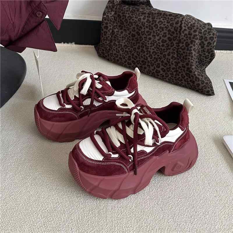 Women'S Shoes - 女性用 厚底 スニーカー 松糕 スタイル 老爹鞋 韓国風 増高 系帯 百搭 休闲 運動 靴 インス 風 防滑 耐磨 丸頭 厚底 低幫 超繊 シューズ 面 ピンク 系 ブラック 赤 オールシーズン 通勤 普段使い アウトドア 軽量 伸縮性 切り替え 縫い線