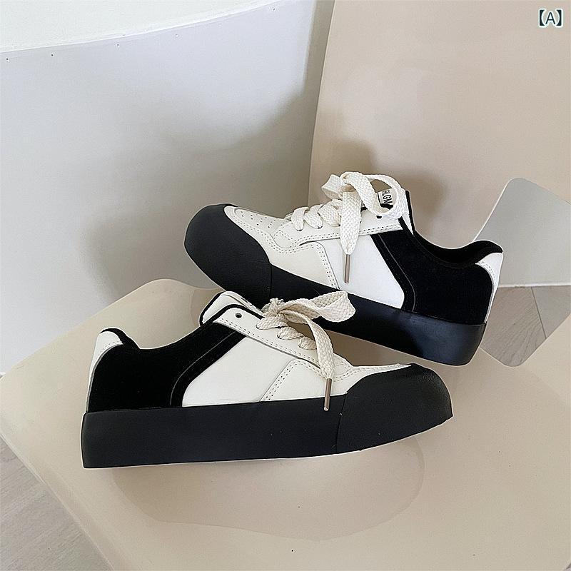 Shoes - レディース 帆布スニーカー 大きめラウンドトゥ 厚底 板靴 系帯 低幫 平底 透気性 純色 布内張り ゴム底 硫化加工 秋季 黒 米色 休闲 学生 通学 普段使い 軽量 カジュアル