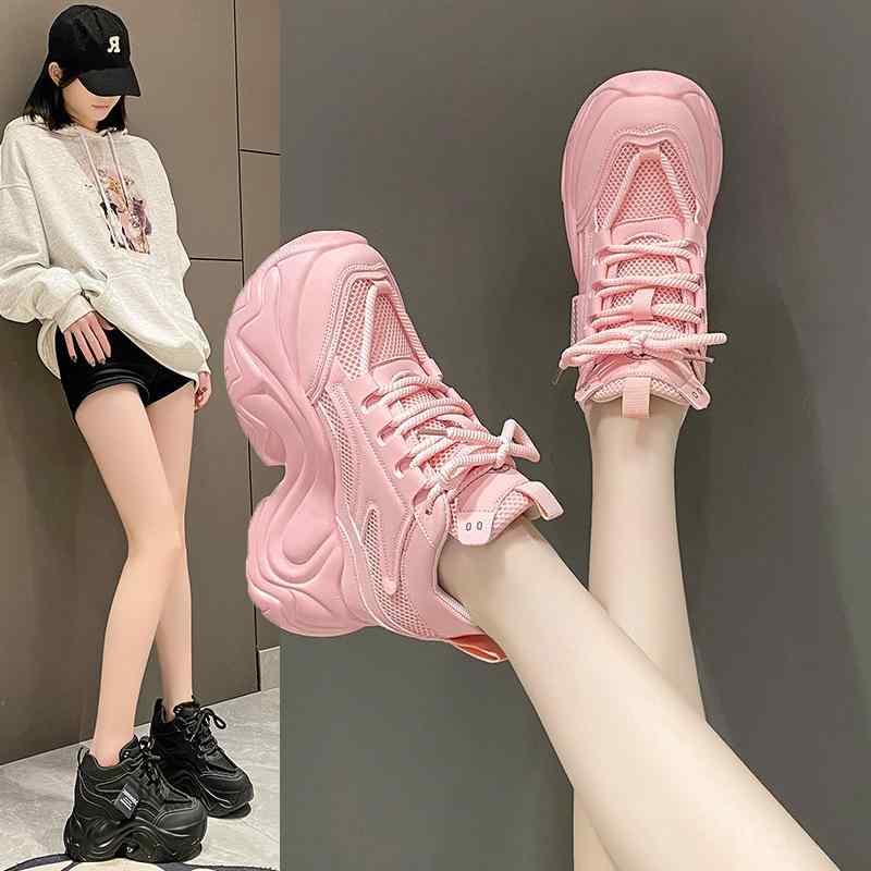 厚底スニーカー 女性用 春秋 ローカット ラウンドトゥ インソール ハイソール 6～8cm 厚底 運動靴 日常履き 黒 白 ピンク PU素材 ゴム底 ステッチ デザイン 軽量 伸縮 履きやすい 歩きやすい スタイルアップ トレンド シューズ 足元コーデ