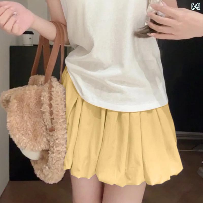 Rakuten - レディース スカートパンツ 黄色 百褶 花苞 デザイン 高腰 Aライン 短パン 夏用 涤纶 ポリエステル 繊維 アセテート繊維 弾力 微弾 薄手 軽量 薄い生地 シンプル デザイン 通勤 スタイル 気質 少女 向け 立体 裁剪 立体裁剪 かわいい シルエ