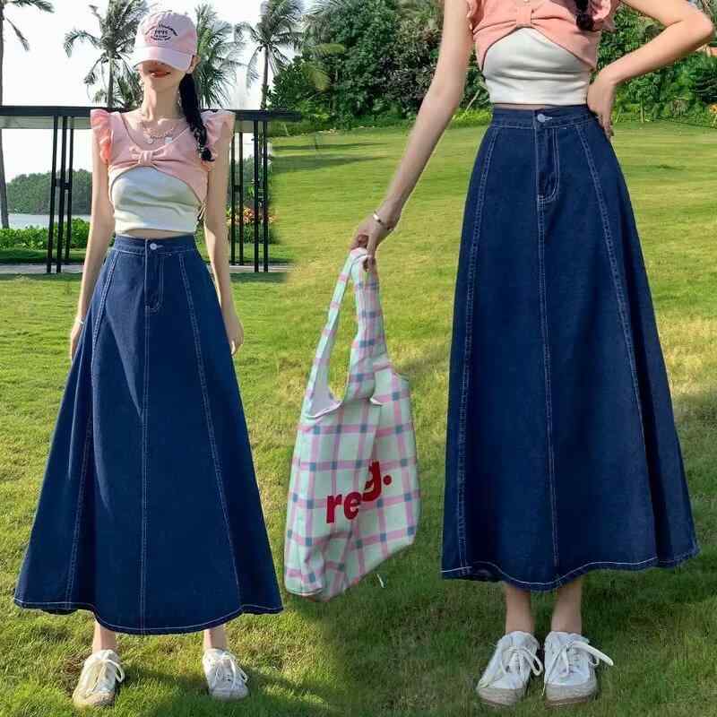 Skirts - スカート レディース 高腰 デニム 半身裙 春夏 復古 Aライン 中長 傘型 大摆 綿 ポリエステル 微弾力 深青 浅青 做旧 清新 甜美