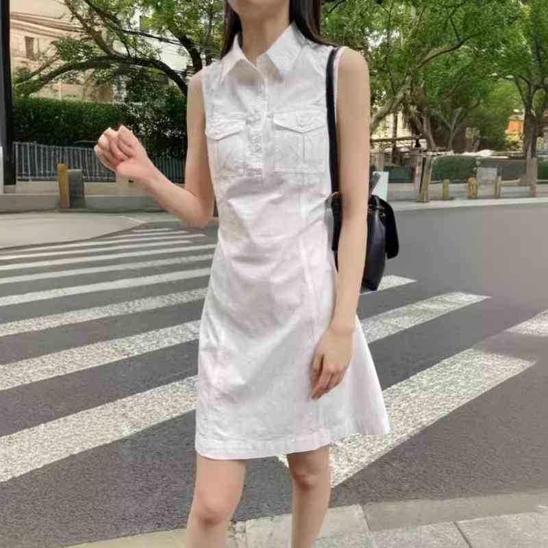 連衣裙 無袖 背心 シャツ スカート 女性 中長 コットン 翻領 ポケット 工装 夏 透け感 後ろ紐 かわいい 甘め 爽やか 清新 トップス ワ..