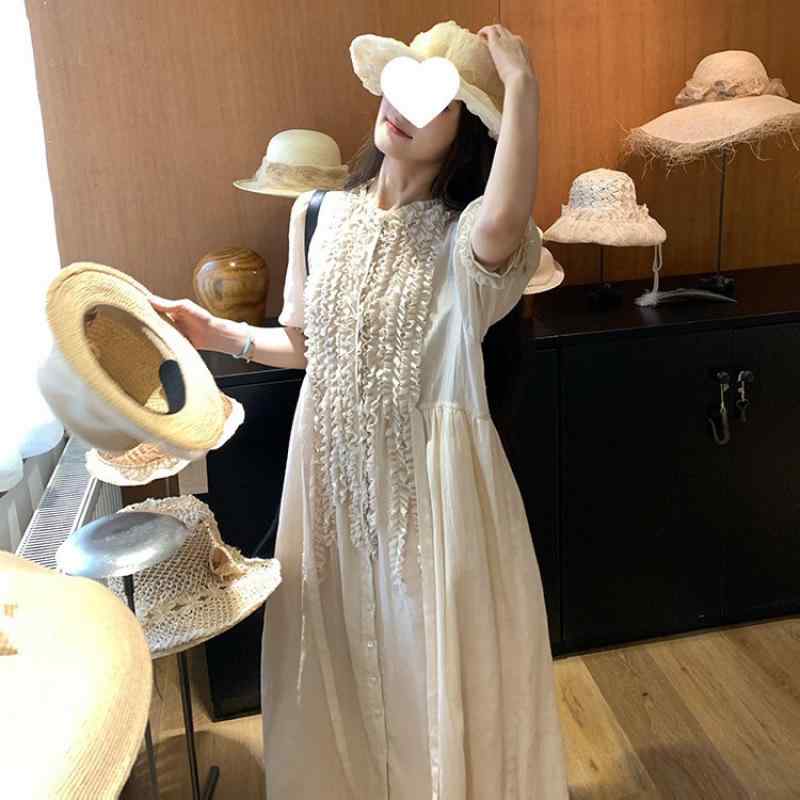 ワンピース レディース 長丈 仙女スカート デザイン 丸首 泡泡袖 短袖 純色 綿素材 杏 通勤スタイル 気質 カジュア…