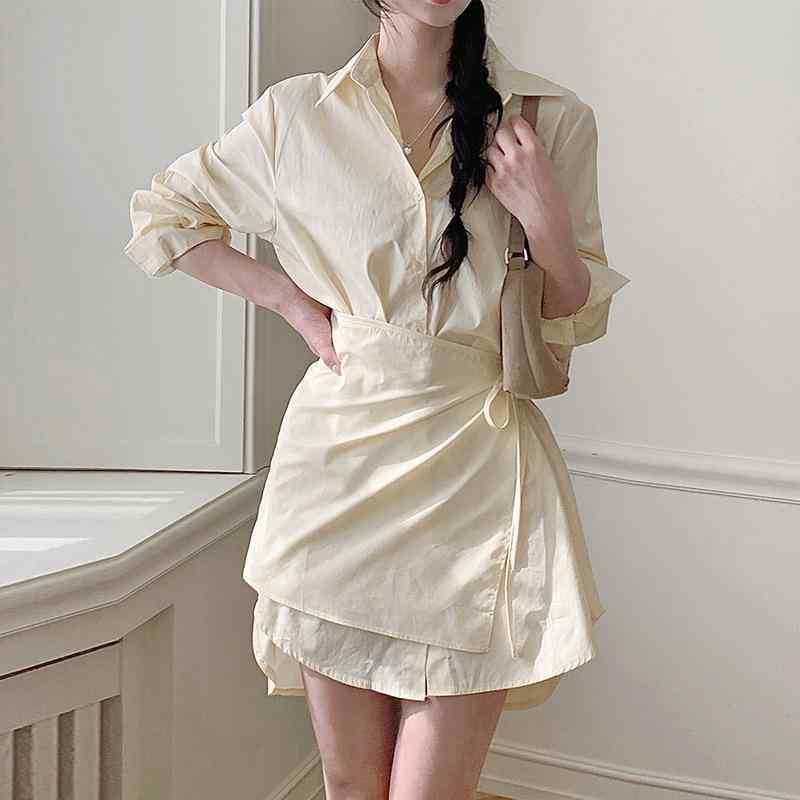 ワンピース 連衣裙 女性用 切り替え デザイン シャツ 風 長袖 ロング丈 直筒 スカート 翻領 ボタン ワイド 腰 ゆったり 腰回り 収腰 デザイン ポリエステル 素材 無地 柄 日韓 スタイル 日常 着用 快適 リラックス 白色 黄色 春 シーズン