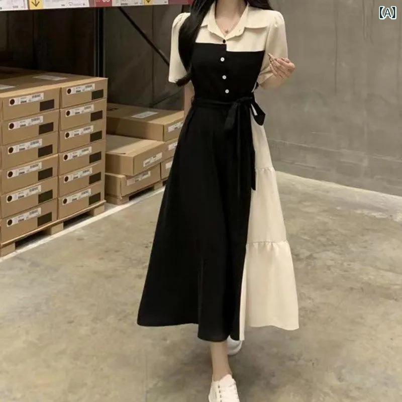ワンピース 女性用 春夏 偽ツーピース 切り替え 襟付き 長袖 Aライン 中長丈 ワイドシルエット 収腰 気質 通勤 スタイル ポリエステル混紡 紡績繊維 80-90% 純色 セットアップ風 プラスサイズ ゆったり 着こなし 爽やか シルエット 強調 細