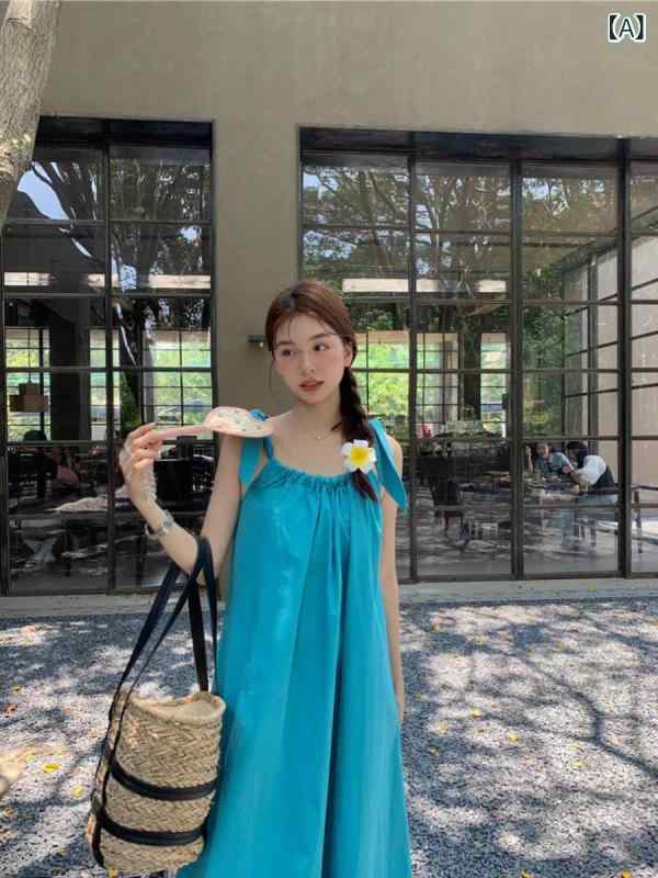・スタイル: 少女風・カテゴリ: 連衣裙・柄: 純色・デザイン: 拼接・スタイル: 吊带款・組み合わせ: 単件・丈: 中長・スカートタイプ: 吊带裙・ネックライン: U字領・袖丈: 無袖・ウエスト: 高腰・流行要素: 系帯・カラー展開: ブルー,グリーン,ピンク・サイズ展開: S,M,L,XL,XXL・スタイル: 清新甜美・スタイル: 甘美清新