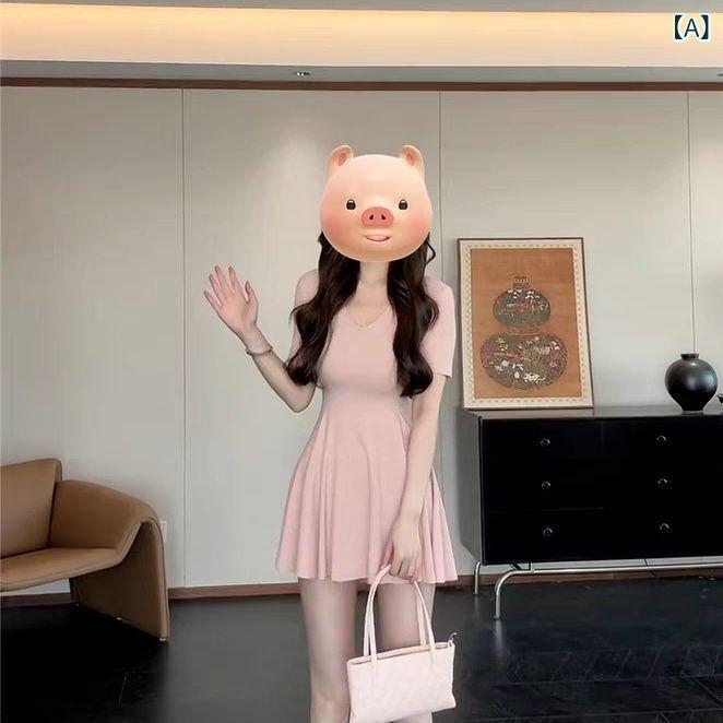 乐天商城 - ワンピース レディース Vネック 短袖 ニット コットン混紡 接触冷感 春夏 膝丈 Aライン ハイウエスト 修身シルエット 少女風 清新 かわいい 燕麦 ピンク 黒 日常使い 通勤 軽量 伸縮性 吸湿速乾 セットアップなし