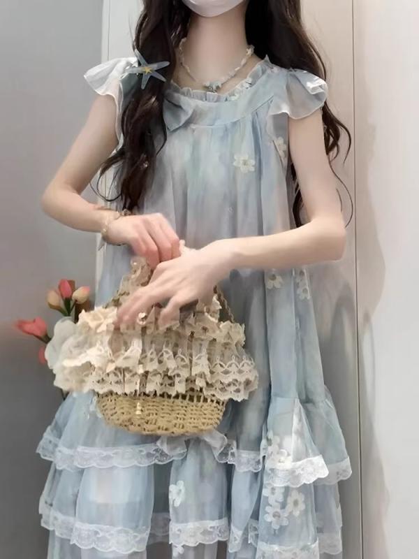 樂天商城 - ワンピース レディース 短袖 フリル袖 花柄 刺繍 薄手 シフォン Aライン プリンセス ミニスカート 甘め 少女風 清新 涼しい 夏 涤纶 ポリエステル 素材 セットアップ なし 単品 トップス ドレス 女性用 かわいい スタイル 日常使い デート 軽