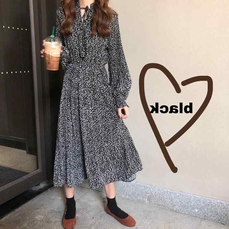 乐天商城 - ワンピース レディース 春夏 秋冬 フレンチスタイル ミディ丈 足首丈 フェミニン 森ガール ソフト 雪紡 フラワープリント プリーツスカート Vネック ロングスリーブ 花柄 ドローストリング プリーツ ストリートファッション ブラウン 黒 ポリエステル