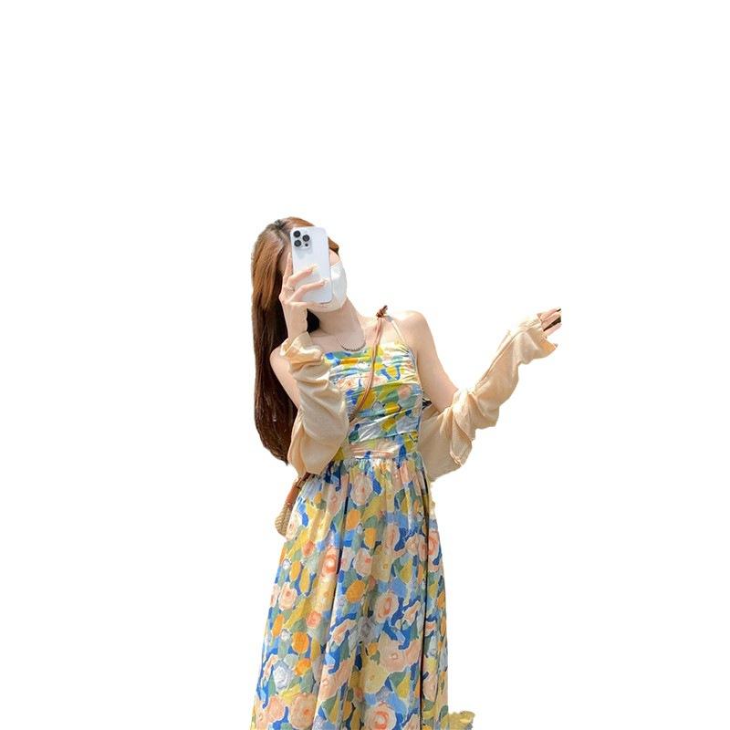 樂天商城 - ワンピース 女性用 夏 吊り帯 中長丈 Aライン ハイウエスト 一字領 無袖 花柄 プリント ポリエステル ポリエステル繊維 フレンチ デザイン 収腰 ビーチ 度假 風 かわいい 甘め 爽やか プリンセス スタイル セットアップ セット 単品 単色 画像