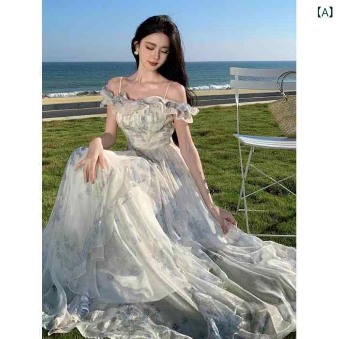 樂天商城 - ワンピース 吊り帯 スカート 女性用 フレンチスタイル フリル ビーチ ロング スカート 仙女風 ガーリー スカート ポリエステル 素材 花柄 プリント ノーアイロン加工 高腰 一字領 フレア スカート 短袖 フレアスリーブ 夏 春夏 シーズン 日韓 カ
