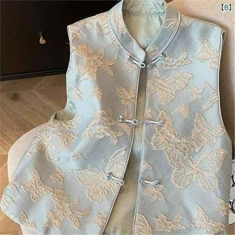 レディース ベスト 早春 国風 気質 上着 新中式 蝶 浮き彫り 刺繍 立襟 マキシム ピンク ブルー 女性用 華やか デザイン 軽量 綿混 素材 春 スタイル フェミニン トップス 切り替え 柄 ゆったり シルエット 通勤 普段使い — vista 3