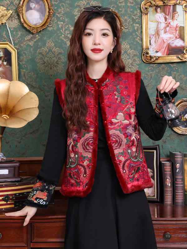乐天商城 - レディース 秋冬 刺繍 馬甲 外套 キャミソール 背心 かん肩 復古 ファッション 気質 通勤 スタイル 植物 花卉 柄 立体 3D 模様 毛領 開衫 普通 丈 単排 ボタン 赤 黒 色 女性 成人 服 暖か 加厚 風 通勤風 気質風