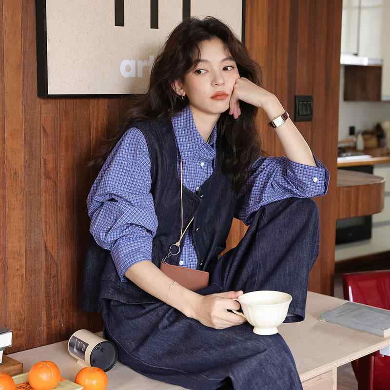 레이디스 울 머플러 코튼 소재 데님조 감촉 깊청색 색 봄 여름 시즌 레이어드 코데 포켓 첨부 단장 디자인 느긋한 실루엣 일상 사용 아이템 스타일리쉬 탑스