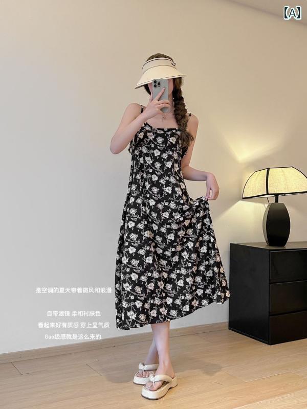 乐天商城 - ワンピース レディース 吊り帯 春夏 雪絨 ポリエステル 印花 花柄 復古風 黒 大花 小碎花 黒花 A字型 中長丈 無袖 無領 収腰 スリム かわいい 清新 甘め 日常使い 軽量 通勤 デート