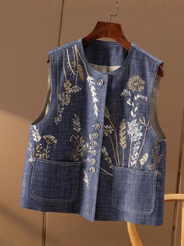 Rakuten - レディース 馬甲 無袖 上着 刺繍 デニム 牛仔布 撞色 切り替え 立領 植物 花柄 秋 秋冬 ポリエステル 気質 通勤 快適 英倫風 気質 通勤 快適 英倫風 ボタン
