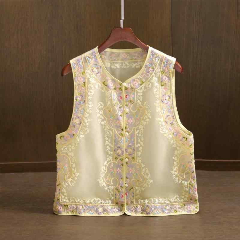 レディース 馬甲 刺繍 無袖 トップス 薄手 改良 チャイナ風 開衫 真絲 花柄 ボタン 黄色 水色 夏 軽量 百搭 レイヤード トップス 復古 ..