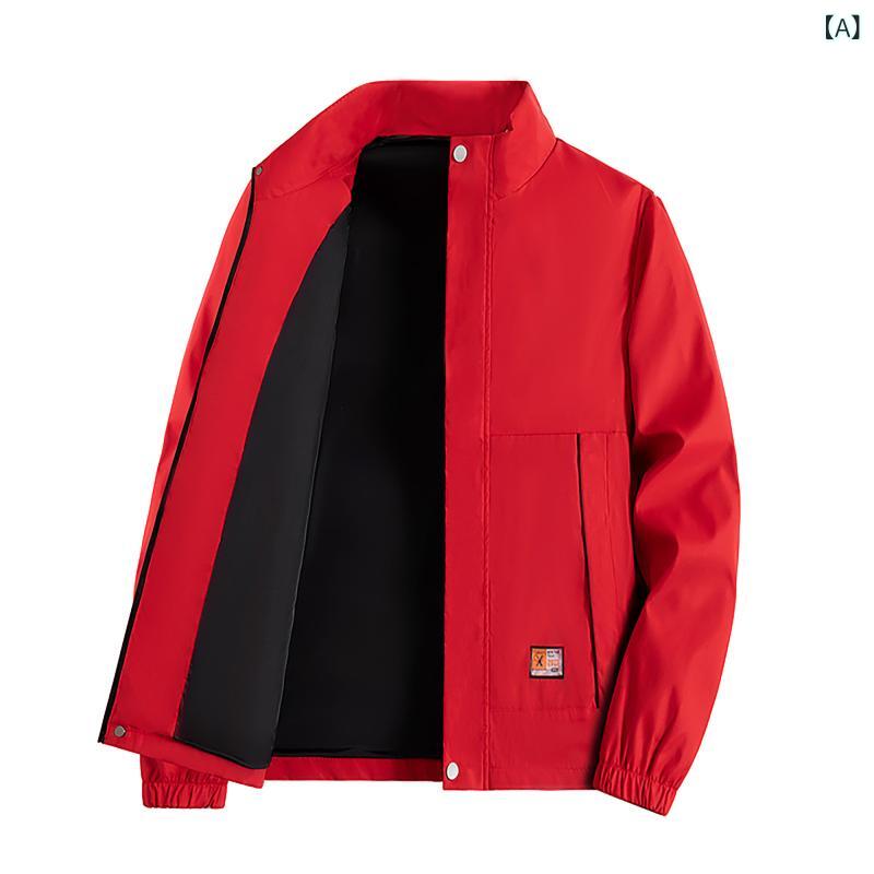 ジャケット メンズ レディース 秋冬 薄手 棒球服 風衣 耐磨 防風 化繊混紡 ポリエステル 95% シンプル スタンドカラー ルーズフィット ジッパー 無帽 普通厚 無地 ポケット ストレートヘム 長袖 赤 黒 緑 青 ユース カジュアル 外 ファッシ