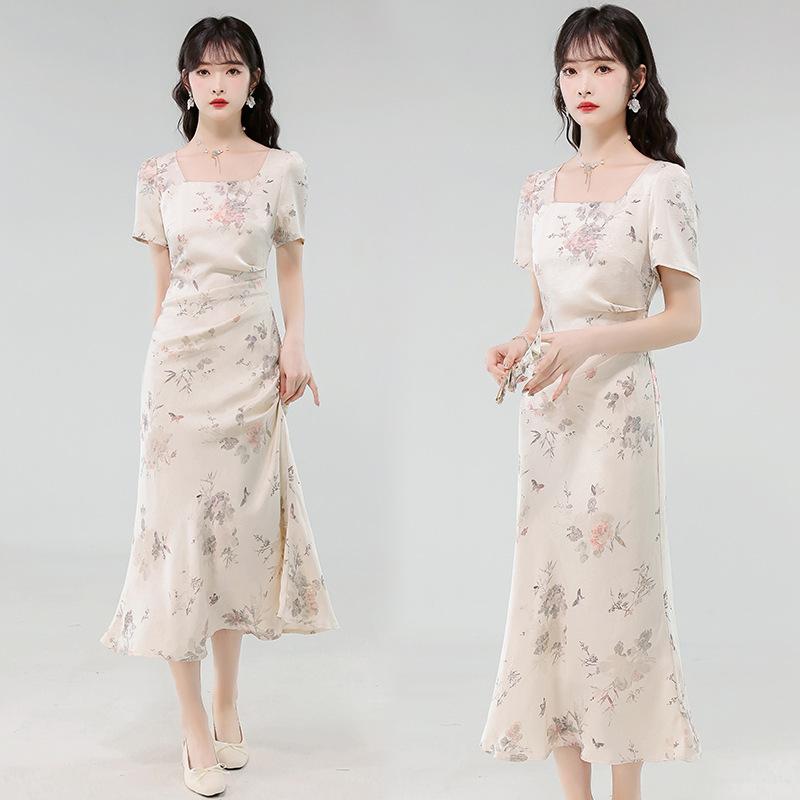 Skirts - ワンピース レディース 方領 魚尾スカート Aライン 短袖 中腰 切り替え 碎花柄 米白色 涤纶 ポリエステル 気質 通勤 優雅 夏 2025 夏季 新款 名媛 优雅风 気質优雅 セット 単品 米白 白色 優雅 通勤 気質 碎花 图案 国風 中式 収腰