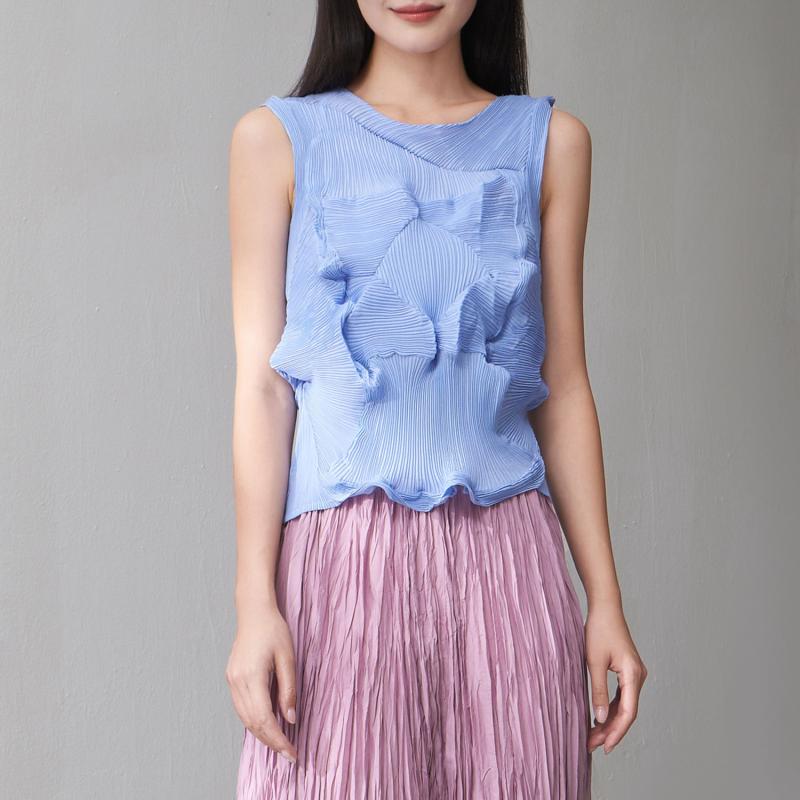 Other - ノースリーブ トップス 女性用 無袖 シャツ 花苞デザイン 不規則 乱れプリーツ プレス加工 プレーツ レイヤード キャミソール 百搭 涼しい 夏用 ポリエステル 紡績繊維 ソリッドカラー ラウンドネック ソフト素材 通勤 気質 スタイル 快適 カジュア
