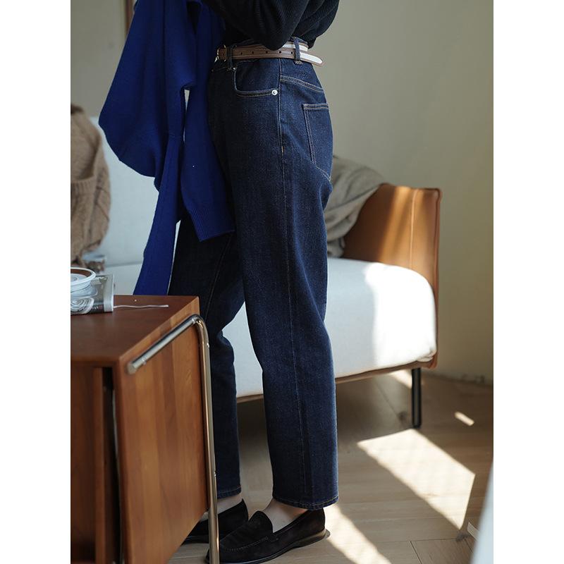 乐天商城 - レディース デニムパンツ コットン 高腰 テーパード クロップド ワイドレッグ 濃紺 ウォッシュ加工 微弾性 街頭スタイル 欧米風 春季 軽量 通勤 普段使い カジュアル
