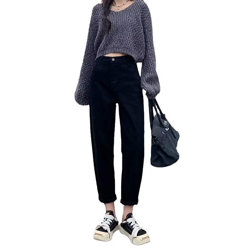 Long Pants - レディース デニムパンツ ハーレム ワイドパンツ 九分丈 高腰 ワイドレッグ ルーズ シルエット 気質 通勤 スタイル デニム素材 微弾性 厚手 裏起毛 秋冬 黒 紺 白 グレー