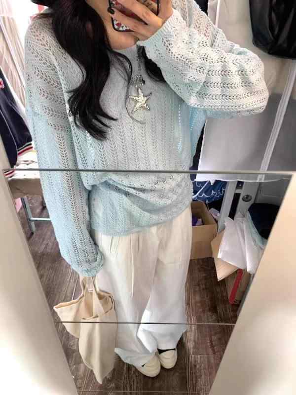 レディース トップス 薄手 ニット 長袖 丸首 ワイドシルエット ゆったり ルーズ スタイル 防風 遮光 罩衫 長袖 開き デザイン ポリエステル 混 スパンデックス 混 通勤 スタイル 気質 ブルー ホワイト 春季 中長丈 フリル袖 立体 プリント 無