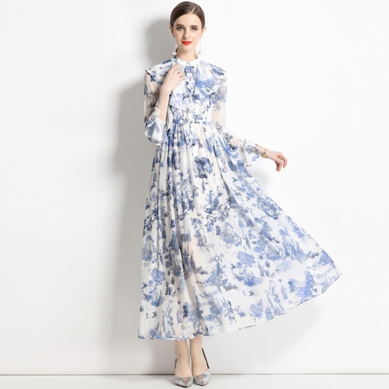 樂天商城 - レディース ワンピース ブルー 花柄 雪紡 シフォン ロングドレス フレアスカート 立襟 長袖 高腰 収腰 デザイン 涼しい 軽量 涼感 素材 ポリエステル 優雅 スタイル 日常使い デート 旅行 リゾート ガーデンパーティー 夏 春夏