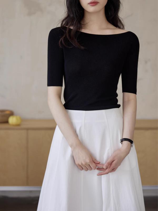 Other - トップス レディース ボートネック 5分袖 ニット セームレス ポリエステル 無地 修身 薄手 夏 黒 普通丈 切り替え セットアップ 気質 普段使い 軽量 日韓スタイル