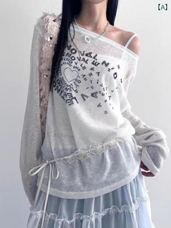 Other - Tシャツ レディース 斜め肩 長袖 透け感 アルファベットプリント ラウンドネック ゆったり フィット セクシー かわいい 夏 ポリエステル 白 軽量 通気性 スリム 私服 トップス かわいいスタイル 甘め 爽やか 日常使い デート デイリー ゆったりシ
