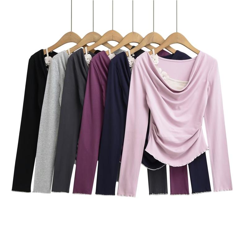 樂天商城 - Tシャツ 女性用 春夏 レディース トップス 露肩 花柄 吊り下げ 肩出し かわいい 純欲風 韓国風 セクシー プリーツ 長袖 短丈 セットアップ 修身 プルオーバー レイヤード レイヤースタイル 黒 ピンク 紫 人棉 95% プレス加工 単色 コットン