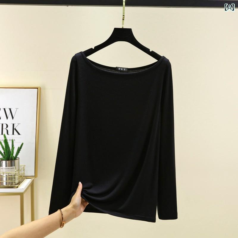 乐天商城 - Tシャツ レディース 長袖 ボートネック モダール 薄手 インナー 修身 スリム 鎖骨見せ トップス 通勤 気質 スタイル 黒 白 ピンク ベージュ 軽量 柔らかい 肌触り 吸収性 速乾 伸縮 夏 春夏