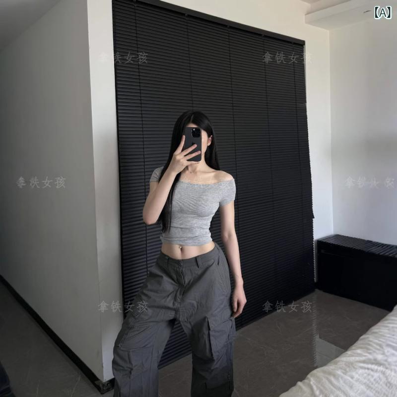 レディース Tシャツ 一字肩 斜肩 短袖 夏 露肩 螺紋 弾力 かわいい 短丈 休闲 百搭 綿 スパンデックス 95% 純色 針織 修身 超短 40cm以..