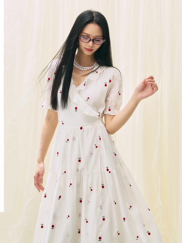 乐天商城 - ワンピース レディース 夏 春夏 Vネック 荷葉辺 切り替え 高腰 ステッチ刺繍 レイヨン ポリエステル 白 少女風 プリンセススカート 中長丈 短袖 基礎デザイン 単品 クールタッチ 軽量 通気性 清新 かわいい 日常使い デート ピクニック 爽やか