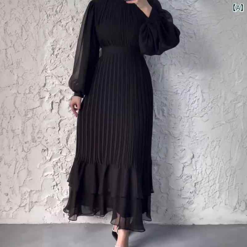 ワンピース レディース 秋冬 長袖 灯笼袖 丸首 Aライン ロング ミディ丈 プリーツ レイヤード レース ネット生地 ポリエステル 軽熟風 私服 快適 日常使い 黒 緑 ワインレッド ブルー ホワイト remake-buddy-10438816 リメイクバディー サンプル画像2