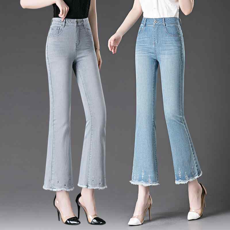 Cropped Pants - レディース デニムパンツ 九分丈 微ラッパ ハイウエスト 伸縮性 修身 スリミング 毛フェード ファッション 薄手 コットン スパンデックス ミックスストレッチ ワイドレッグ カジュアル ヴィンテージ風 グレー ブルー 春季 快適 日常使い ライトウェイ