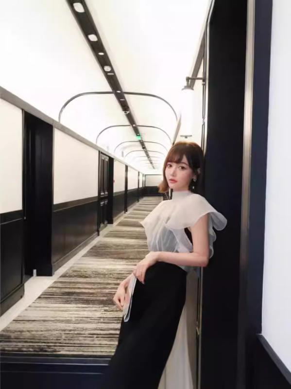 乐天商城 - ワンピース レディース 春夏 かわいい 甘め 清新 気質 通勤 学生 少女 ハイウエスト 収褶 薄纱 系带 吊り帯 修身 長丈 泡泡袖 短袖 丸首 セットアップ 切り替え ポリエステル ピンクベージュ ブラック モカブラウン 軽量 通勤用 普段使い デー