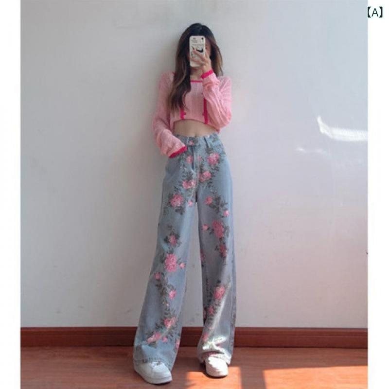 Other - レディース デニムパンツ 直筒 ワイドレッグ ハイウエスト 夏 甘辛ミックス レトロ デザイン ゆったり スリム効果 牛仔布 洗い加工 ブルー 通勤 都市スタイル