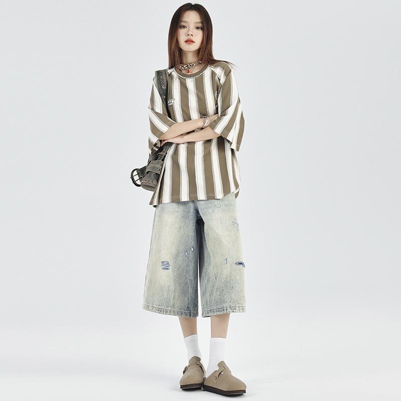 乐天商城 - レディース デニムパンツ 七分丈 ワイドレッグ 直筒 膝下丈 ハイウエスト 破れ加工 トレンド ゆったり スリム コットン ミディアム厚 無弾性 水洗加工 復古ブルー ストリート ユーロスタイル 日常使い 通勤 カジュアル 普段使い 軽量