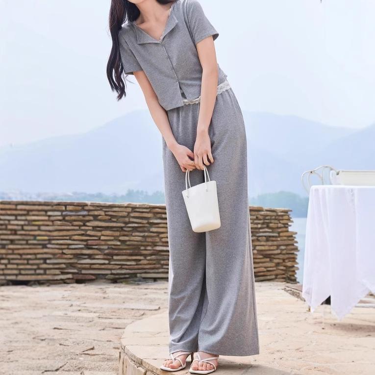 Work Clothes （Office） - レディース トップス セット ワンピース セット レディース レース 切り替え Vネック 長袖 Tシャツ ワイドパンツ 薄手 グレー 気質 通勤 スタイル 夏 セットアップ 女性 服 セット 綿 混 スパンデックス 混 ゆったり シルエット 軽量 吸湿速