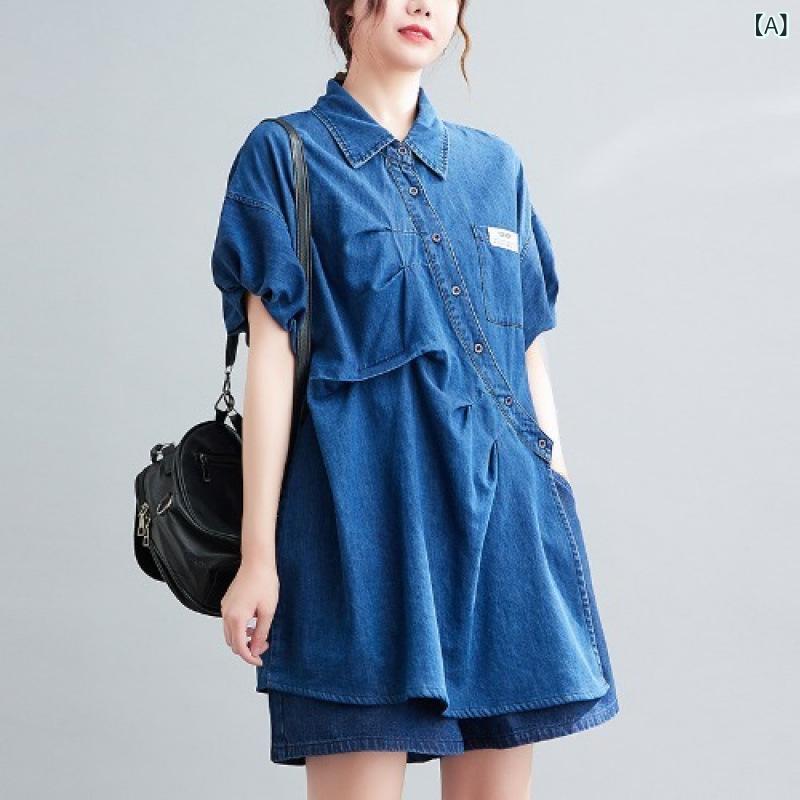 レディース 牛仔シャツ 短パン セット 女性用 夏 ワイド ファッション ビッグサイズ コーデ 褶皱 デザイン 綿 素材 気質 通勤 スタイル 都市風 快適 休闲 ブルー ブラック 春 トレンド セットアップ トップス ボトムス ミックス コーディネート