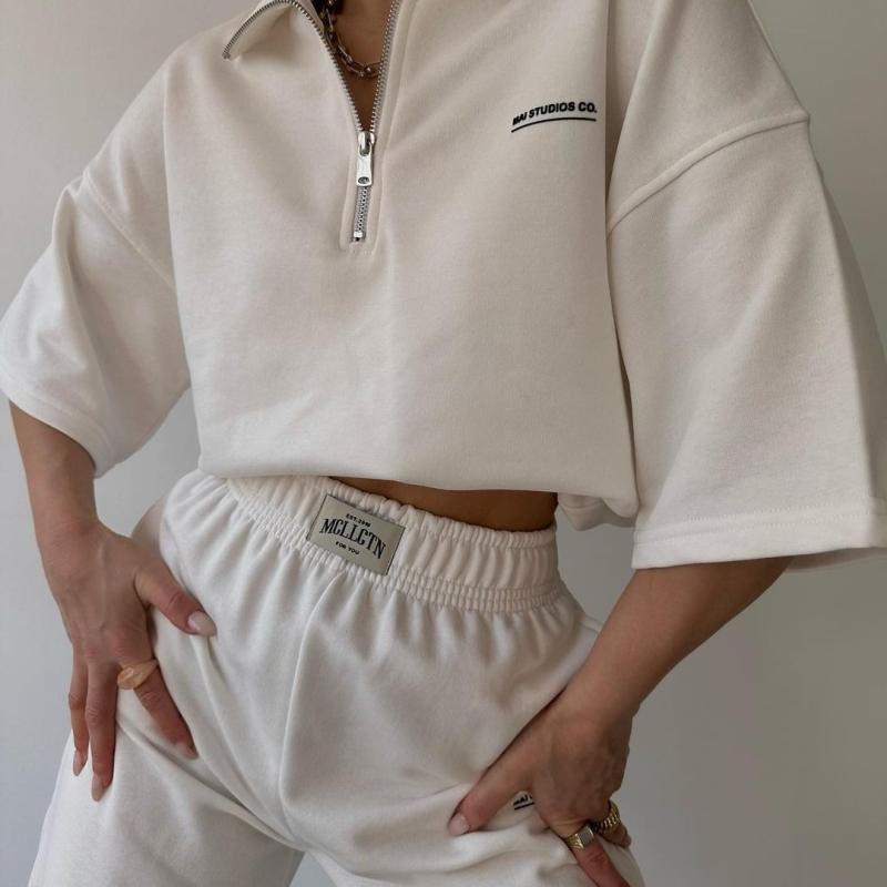 Work Clothes （Office） - レディース セットアップ トップス プリント ポロシャツ 短袖 シャツ ワイドパンツ 長ズボン 切り替え デザイン プルオーバー 気質 通勤 スタイル ポリアミド ポリエステル 繊維 米白 杏 グレー 米白色 杏色 深グレー 春季 女性 通常 袖 半袖