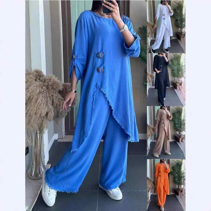 レディース 秋冬 セットアップ トップス ロングパンツ 綿 素材 ワイドシルエット ボタン 飾り 切り替え デザイン 通勤 気質 スタイル ゆったり 着こなし 日常 使い 欧米 風 女性服 長袖 シャツスリーブ シンプル カラー ブルー ブラック カーキ