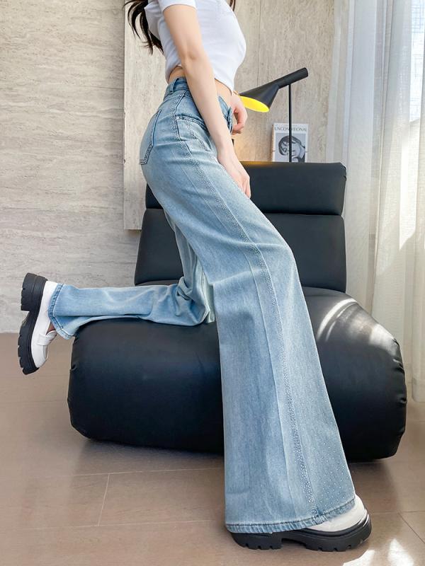 Other - ジーンズ レディース 春季 高腰 梨型身材 対応 ワイドレッグ ストレートパンツ 綿素材 直筒 長ズボン クロップド ロング ワイド スカイブルー ヴィンテージブルー 通勤 気質 スタイル ミッドストレッチ ゆったり シルエット ジッパー デザイン コッ