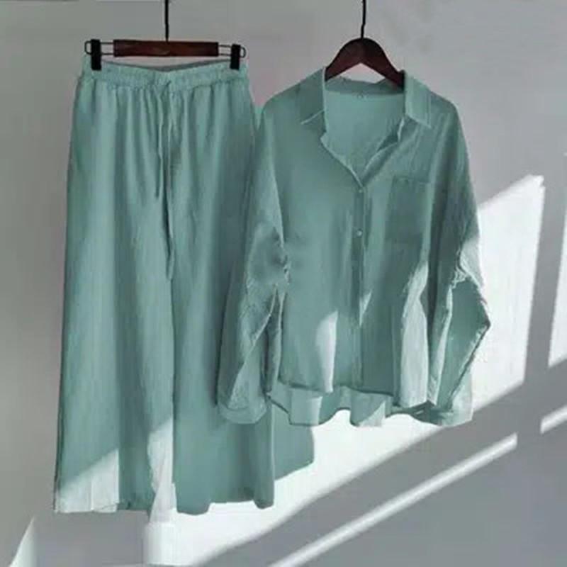 Work Clothes （Office） - レディース シャツ セットアップ トップス 切り替え 長袖 コットン リネン 素材 純色 ロングパンツ 松腰 ワイド レギンス ゆったり スタイル 気質 通勤 都市 カジュアル 快適 ピンク 緑 黒