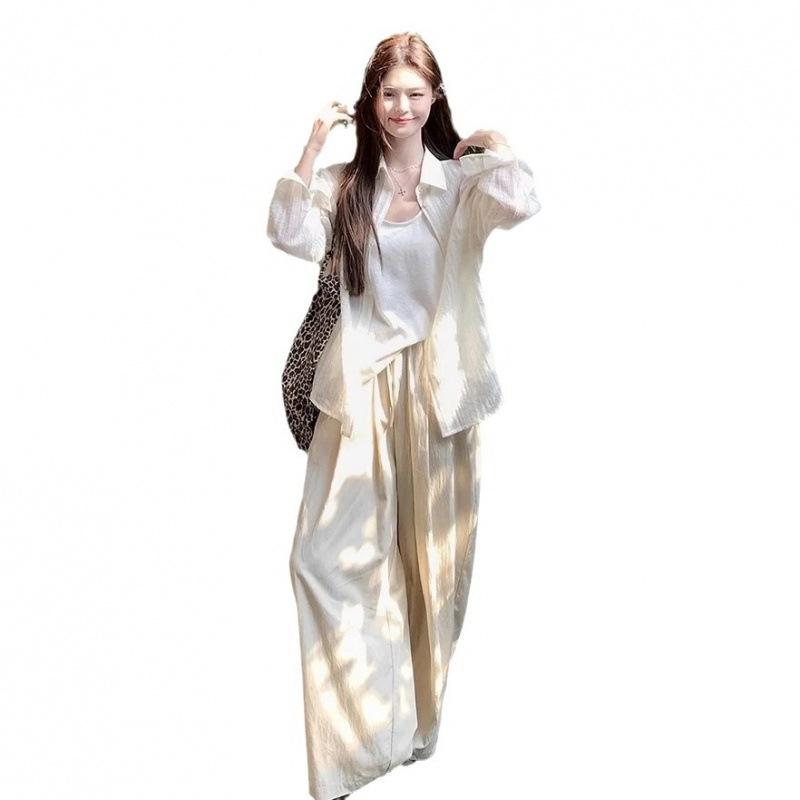 Work Clothes （Office） - レディース セットアップ シャツ 背心 ロングパンツ 長袖 ゆったりシルエット 防晒 UVカット 垂感 ポリエステル 混紡 軽量 通勤 普段使い 都市スタイル 春夏 セット 浅緑 杏 白 花柄 ボタン 切り替え 気質 女性用 涼しい 快適