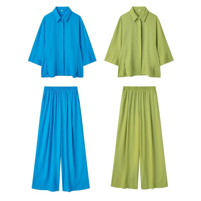Work Clothes （Office） - レディース セットアップ シャツ ワイドパンツ 麻素材 九分袖 長ズボン 純色 ざや染め 知性 通勤 気質 快適 緑 緑 緑 セット 緑 緑 セット 青 青 セット 2024 夏
