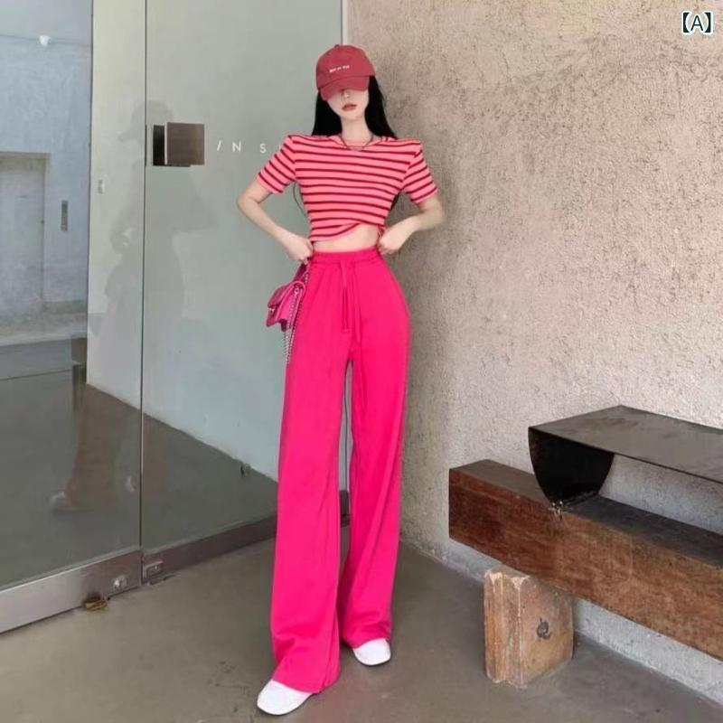 Rakuten - レディース セットアップ ストライプ 短袖 Tシャツ ハイウエスト ワイドパンツ 2点セット 涤纶 ポリエステル スパンデックス メッシュ ロゼピンク 気質 通勤 英伦風 気質 優雅 英国風 夏 春夏 女性 通常袖 三分袖 プリント シフォン 光沢 ライ